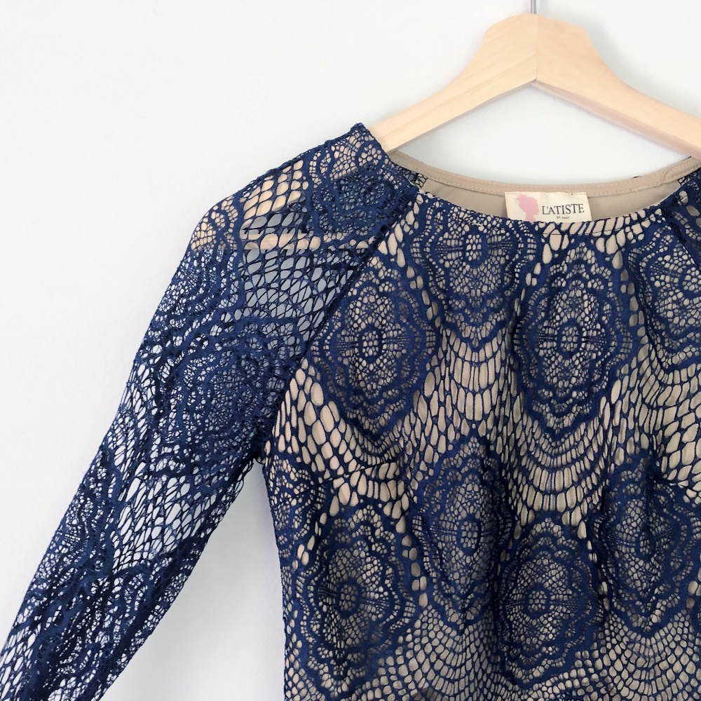 L'atiste Long Sleeve Blue Lace Overlay Crop Top